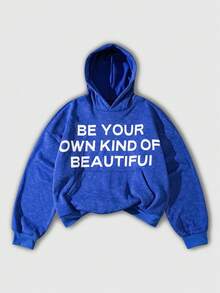 ROMWE MEN Men's Slogan Graphic Pocket Casual Pullover Hoodie, Versatile For Autumn/Winter - Blue - View 1
