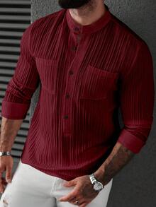 Manfinity CasualCool Chemise décontractée pour hommes en tissu texturé, col Mao, boutonnage devant