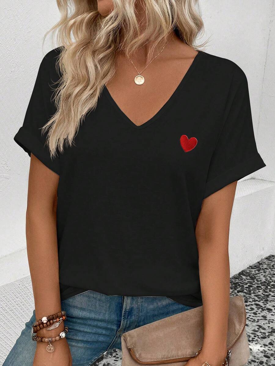 Selamara New Fashion Heart Print V-Neck T-Shirt For Women - Black - View 1