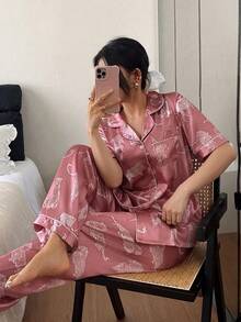 Dream Adore Women's Elegant Leopard Print Lapel Faux Silk 2 Pieces Pajama Set Satin Sleepwear Set - Pink - View 5