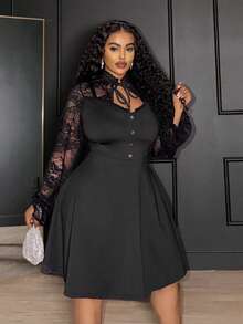 Slaydiva Autumn Plus Size Women's Elegant Black Lace Long Sleeve A-Line Dress,Formal Evening Dinner Party Outfit,Vintage Bodycon Solid Color Cocktail Gown - Black - View 4