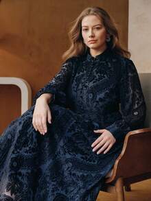 Anewsta Valentine Plus Size Navy Blue Flocked Burnout A-Line Dress - Navy Blue - View 4