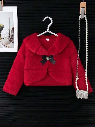 Young Girl' White Fluffy Short Jacket With Bow Collar, Elegant & For Everyday Wear