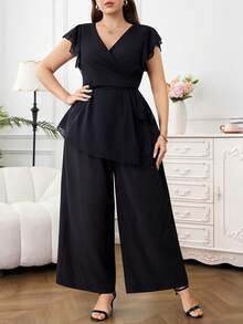 SHEIN Clasi 大码女士优雅纯色上衣和裤子两件套 - 黑色 - 查看 5