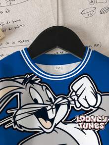 LOONEY TUNES X SHEIN Young Boy Casual Letter & Rabbit Print Patchwork Striped Trim Crew Neck Sweatshirt, Autumn - White - View 3