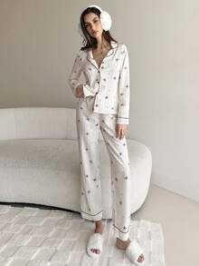 Aloruh Conjunto de pijama con top de manga larga con cuello de solapa y estampado de lazo, y pantalones, ropa de otoño e invierno - Burdeos - Ver 5