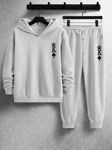 Manfinity Homme Bộ 2 quần nỉ và áo nỉ in họa tiết Spade & Crown thường ngày cho nam, thời trang thu/đông cho nam - Xám - Xem 2