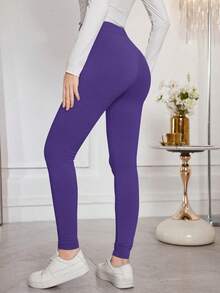 Modelyn 纯色贴花抽绳修身舒适弹力打底裤 - 紫丁香色 - 查看 4