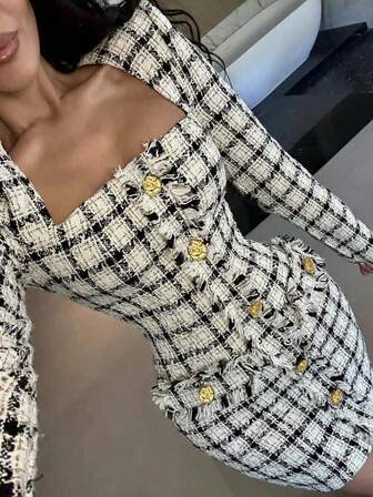  Siren Gaze Women's Women's Elegant Plaid Pattern Square Neck Raw Edge Metal Button Fitted Mini Dress, Suitable For Work And Commute