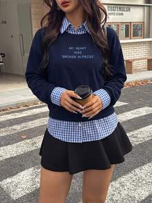 Rina Fox sweat-shirt décontracté à manches longues 2 en 1 avec col chemise, imprimé de slogan et patchwork à carreaux, taille grande pour femmes