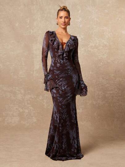 Lumalex Early Spring Women's Mesh Flowy Tie Dye Floral Print Waist Beaded Decor Multi-Layer Flare Sleeve Bodycon Mermaid Dress PreSpringDresses Vacation Birthday Outfits Wedding VDayGiftGuide RomanticVDayOutfit Guest Wedding VDayGiftGuide RomanticVDayOutfit Party Summer Holiday Beach Outfits Luxury Look LuxeLooks QuietLuxe Prom Gathering Party Banquet Modest Old Money Coquette Rave Festival Richly Layered Party