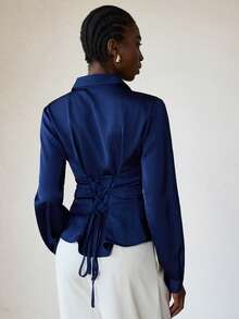 Aveloria Modichic Satin Textured Fabric, Tie-Back Waist Decor, Fashionable Lapel Collar Long Sleeve Shirt - Navy Blue - View 2