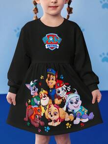 SHEIN | PAW Patrol Young Girl Cute Cartoon Puppy Print Round Neck Long Sleeve Knit Dress, Suitable For Autumn/Winter - Black - View 3