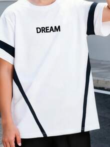 Mirajuku Set di maglietta a girocollo con stampa a lettera classica e pantaloni casual e comodi per ragazzi, colore nero e bianco, stile sportivo alla moda per l'esterno, primavera/estate - Bianco e nero - Visualizzare 3