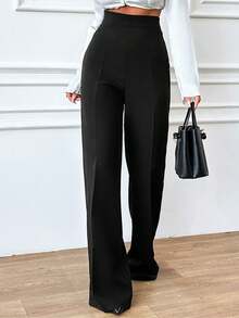 SHEIN Tall 高腰直筒休闲女式纯色高腰裤 - 黑色 - 查看 1
