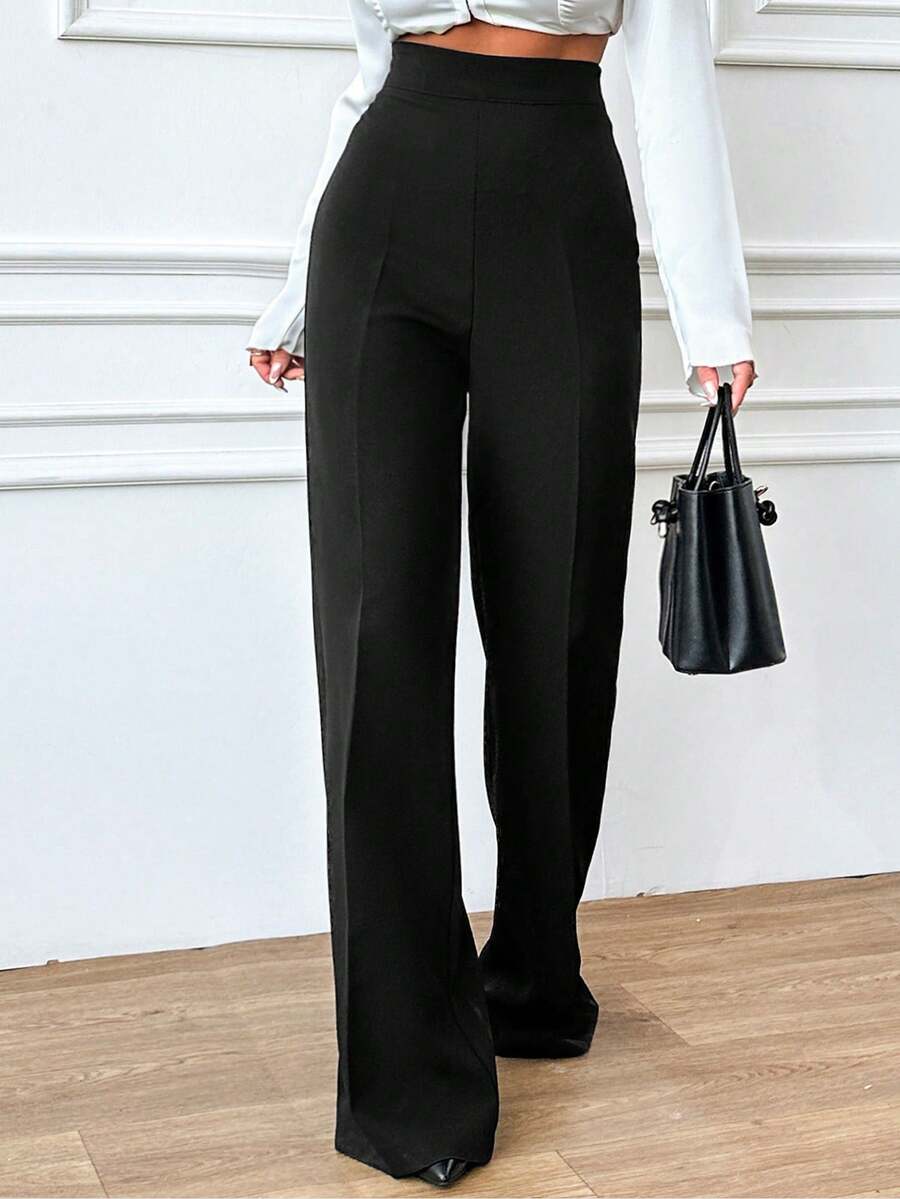 SHEIN Tall 高腰直筒休闲女式纯色高腰裤 - 黑色 - 查看 1