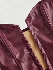 SHEIN Tall CURVE 加大码纯色前中心纽扣装饰 PU 皮革黑色抹胸 - 酒紅色 - 查看 3