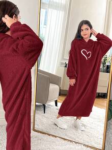 SHEIN 青少年女孩寬鬆休閒針織雙面抓毛心形刺繡連帽洋裝，青少年女孩長袍洋裝，秋冬洋裝 - 酒紅色 - 查看 3