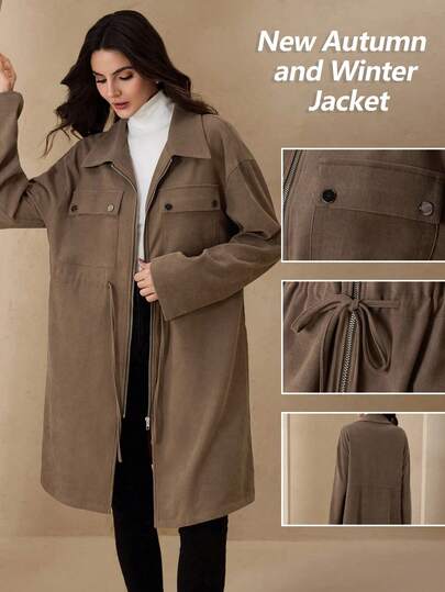 Graceveil Women's Brown Twill Fleece Fabric Drawstring Collar Four-Button Cargo Pocket Cuff Sleeve Zipper Front Long Casual Jacket