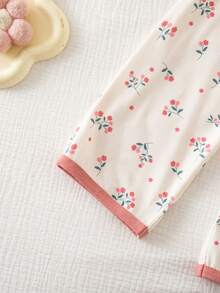 SHEIN Babygirl Cute Casual Floral Knit Peter Pan Collar Long Sleeve Loungewear Set