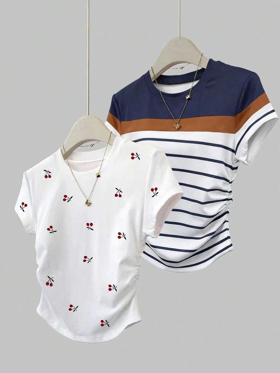 SHEIN Bộ 2 áo thun nữ kẻ sọc cắt ngắn nhún bèo, hàng mới về mùa hè, thiết kế họa tiết, màu trắng, xanh navy, mặc ngoài trời, cạp chun, họa tiết quả anh đào ngọt ngào, bộ combo thanh lịch - Nhiều màu - Xem 1