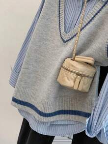 INAWLY 女士V领时尚百搭针织背心，秋冬季 - 灰色 - 查看 4