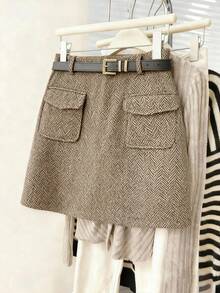 SHEIN Franclia 女士人字纹口袋时尚百搭派对通勤半身裙（含腰带）腰带裙 半身裙 带口袋迷你裙 卡其色半身裙 人字纹半身裙 女士半身裙 女士短裙 - 棕色 - 查看 1