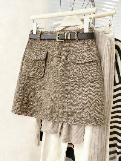 SHEIN Franclia Women's Herringbone Pocket Fashionable Versatile Party & Commute Skirt (With Belt) Belt Skirt Skirts Mini Skirts With Pockets Khaki Skirts Herringbone Skirt Women's Skirts Women's Skorts Women Skirts