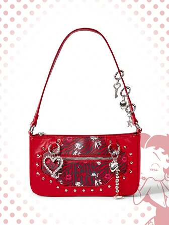 Betty Boop | ROMWE Borsa a spalla vintage Y2K in patchwork a motivo zebrato con ciondolo a forma di cuore, borsetta con catena e borchie, stile vintage da strada per uso quotidiano e per feste