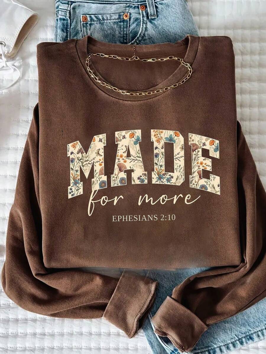 EMERY ROSE Plus Size Women Letter & Floral Print Crew Neck Loose Fit Long Sleeve Sweatshirt - Chocolate Brown - View 1