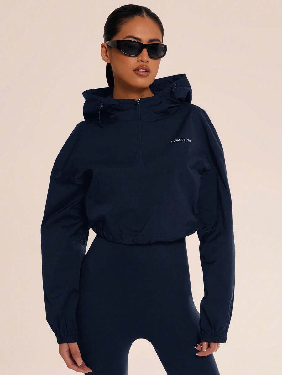 Musera Sport 女士连帽短款尼龙拉链运动夹克，适合板式网球、网球、匹克球、健身房等冬季运动。 - 藏蓝色 - 查看 1