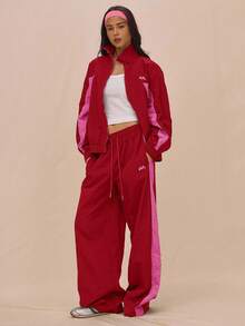 MUSERA Drawstring Waist Nylon Contrast Panel Wide Leg Tracksuit Bottoms Only Airport Casual The Book Shop Fall Autumn Summer - Burgundy - View 6