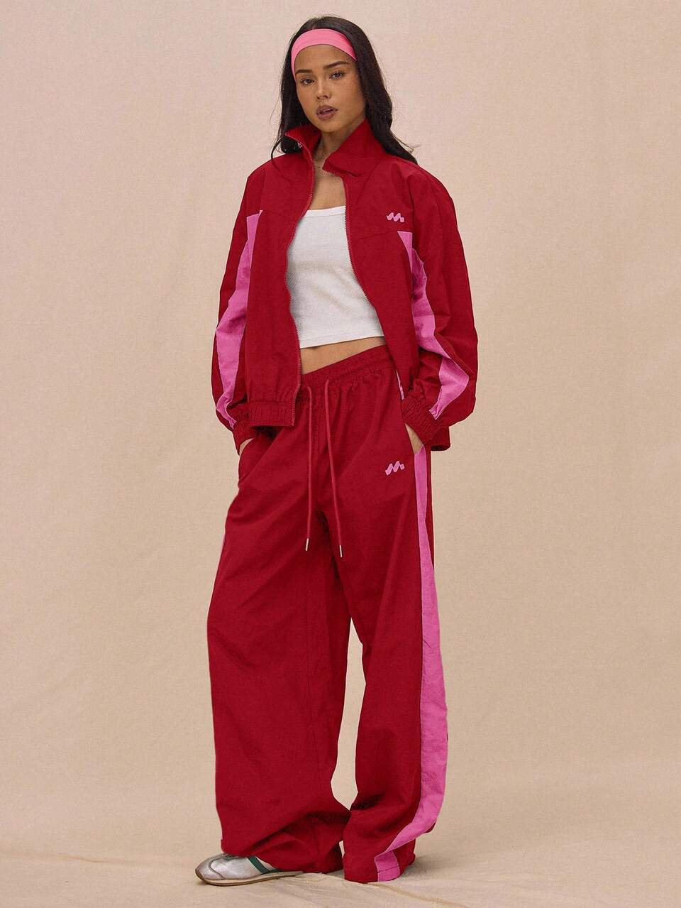 Red & Pink Nylon Drawstring Waist Contrast Wide Leg Tracksuit Bottoms Only