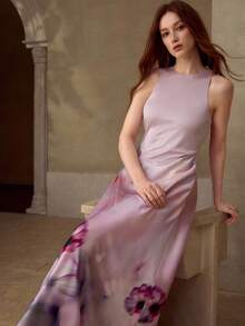 MOTF PREMIUM WOMEN'S SLEEVELESS FLORAL PRINTED METAL SHOULDER PATCHWORK FLARE HEM DRESS, AUTUMN/WINTER - Mauve Purple - View 6