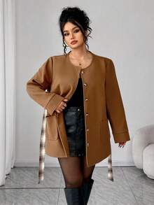 Elenzga Women's Pink And Grey Autumn Elegant Plaid Pattern Long Sleeve Poncho-Style Jacket,Waist Cinched Minimalist Coat With Pockets For Office Work Commute - Coffee Brown - View 3