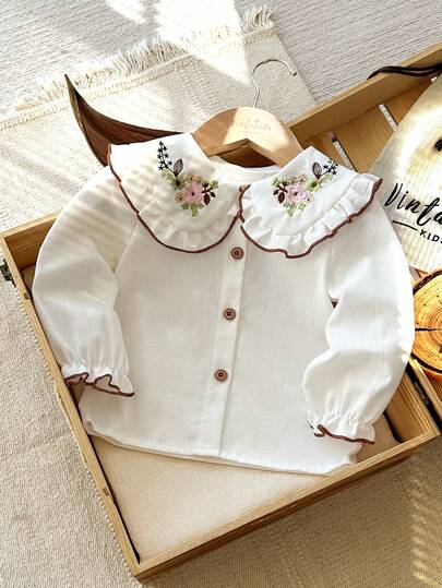 SHEIN Vintaside Kids Baby Girls' White Woven Cotton Floral Embroidered Lapel Ruffle Trim Long Sleeve Blouse, Elegant Vintage Outdoor Casual Wear For Rose Garden Party, Christmas, New Year, Valentine's Day