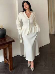 Dazy Plus Fashionable & Elegant Turndown Collar Fitted Waist Versatile White Cardigan Sweater, Plus Size Women, Autumn/Winter
