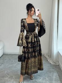 Rafferiza 女士优雅方领金色箔印花卉图案喇叭袖连衣裙，秋季 - 黑色 - 查看 7