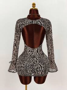 Amplova Women's Mini Dress, Leopard Print Flocked, Sexy Backless, Sheer Mesh Sleeves, Front Slit, Autumn/Winter Open Back Dress Zebra Print Dress - Multicolor - View 2