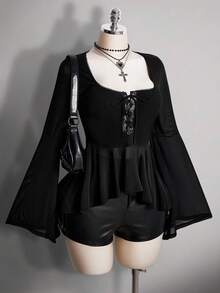 SHEIN ICON Áo thun cổ chữ U buộc vạt trước Y2K phong cách Gothic cổ điển cỡ lớn, viền bất đối xứng, tay loe - màu đen - Xem 6