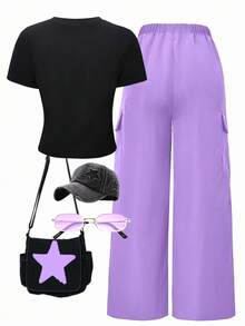 Sparklyn Bộ áo thun cổ tròn in hình ngôi sao dành cho bé gái tuổi teen và quần ống rộng màu xanh ô liu thời trang - Màu tím - Xem 2