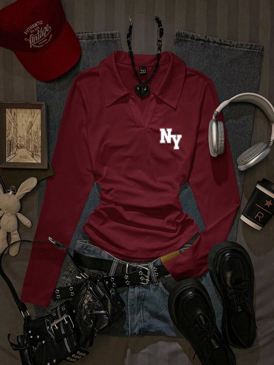 Attitoon Casual Retro Style, Minimalist Style, College Style NY Letter Placement Print Pattern, NY Logo Pattern, Women's Casual Fashion Print Polo Collar, Versatile Long Sleeve T-Shirt, Suitable For Autumn/Winter, Airport,Graphic Tees - Burgundy - View 1