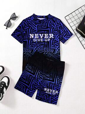 Set de 2 piezas de ropa de playa para adolescentes varones con estampado degradado en azul marino, de tela elástica y de secado rápido, cómoda, adecuada para la playa, la piscina, la , el surf, las vacaciones, el verano y los viajes