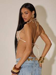SHEIN BAE Khaki Sexy Holiday Vacation Beach Heavily Embellished Fringe Spaghetti Strap Backless Crop Top, Beaded Top, Fringe Top, Beach Top, Heavily Embellished Top, Party Top,Carnival Women Look 2026,Beach Outfits For Women, Party Top,Summer Holiday Outfits,Glitter Top - Khaki - View 2