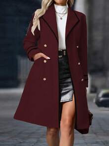 SHEIN Clasi Women's Casual Daily Oversized Lapel Contrast Trim Double-Breasted Wool Blend Coat, Autumn/Winter - Burgundy - View 4