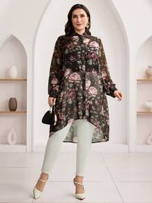 Modelyn 大码印花长袖优雅衬衫 - 黑色 - 查看 3