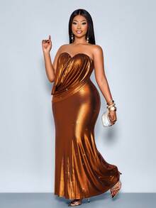 SOLERSUN Plus Size Women's Elegant Glamorous Bandeau Draped Sparkly Bodycon Mermaid Maxi Dress, Club Outfits Women Sexy, Suitable For Christmas Party Vacation & Dating,Elegant Dress For Women,Christmas,Formal Dress,Party Dress,Sexy Dress,Wedding Guest Dress - Orange - View 7