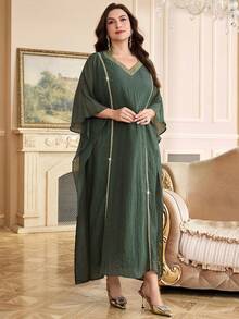 Al Najma Plus Size Women Elegant Patchwork Ribbon V-Neck Textured Dress, Autumn Plus Size Green Dress