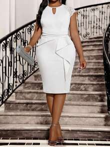 SHEIN Lady Váy dự tiệc ren chắp vá thanh lịch cỡ lớn - trắng - Xem 4