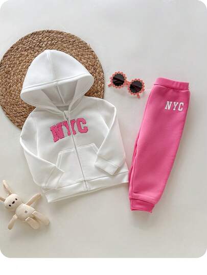 SHEIN Babygirl Casual Cute Letter Print Hoodie And Pants Set